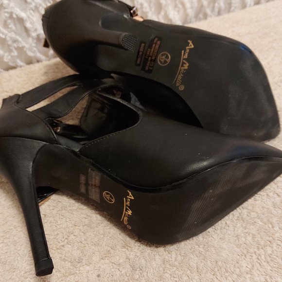 Gold Studded Double Ankle Strap Bootie Heels, Back Zip - Picture 6 of 8